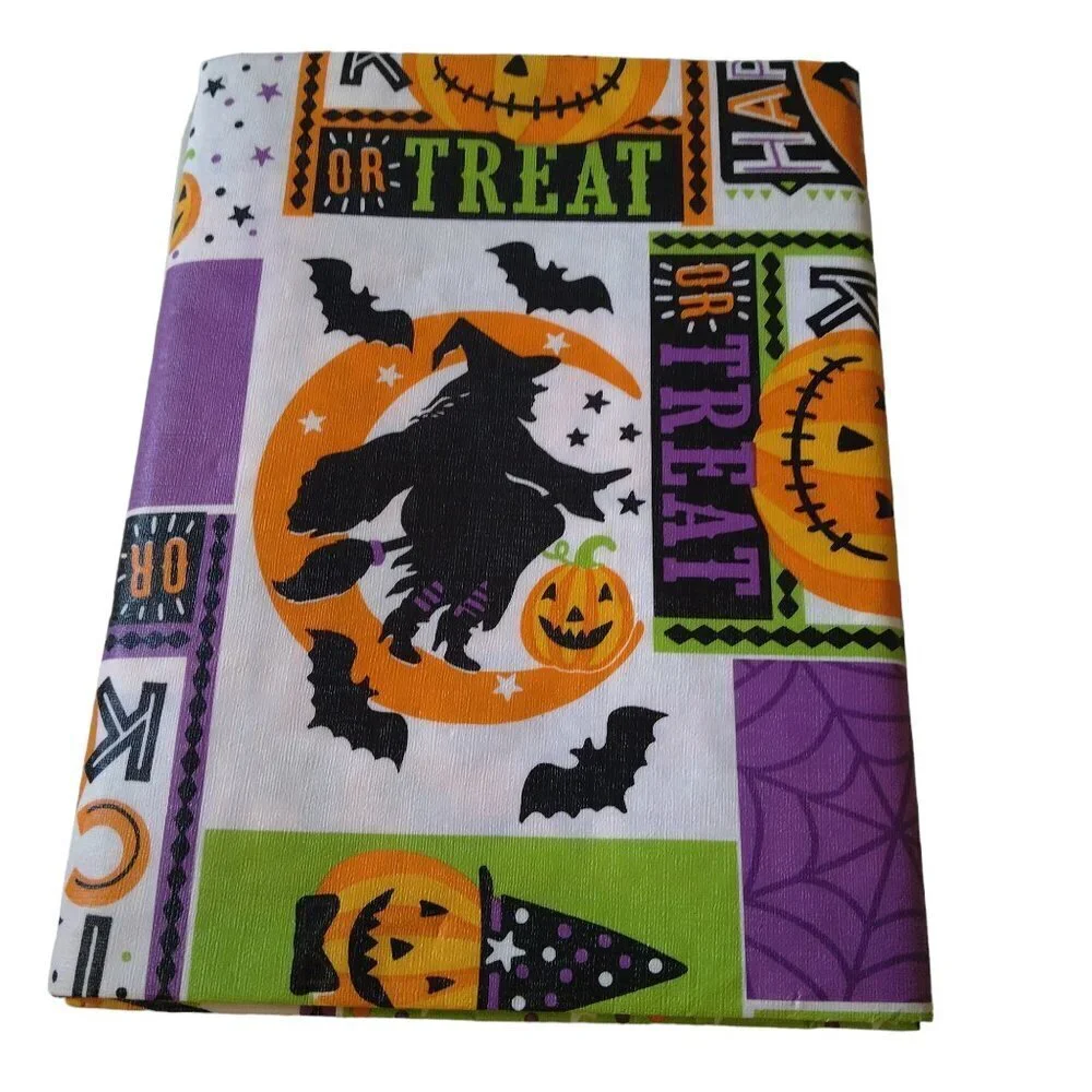 Halloween Tablecloth 54X68 Rectangle Pumpkins Skulls Black Vinyl Flannel Back